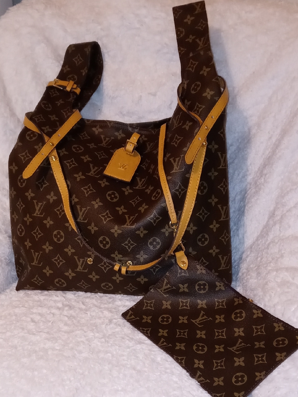 Louis Vuitton Brown Monogram Shopper  Bag with Yellow Trim
